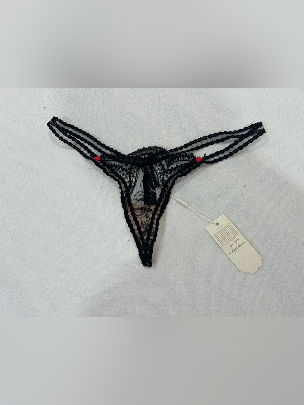 For Love & Lemons Black Sheer Lace Strappy Thong with Red Accent Beads